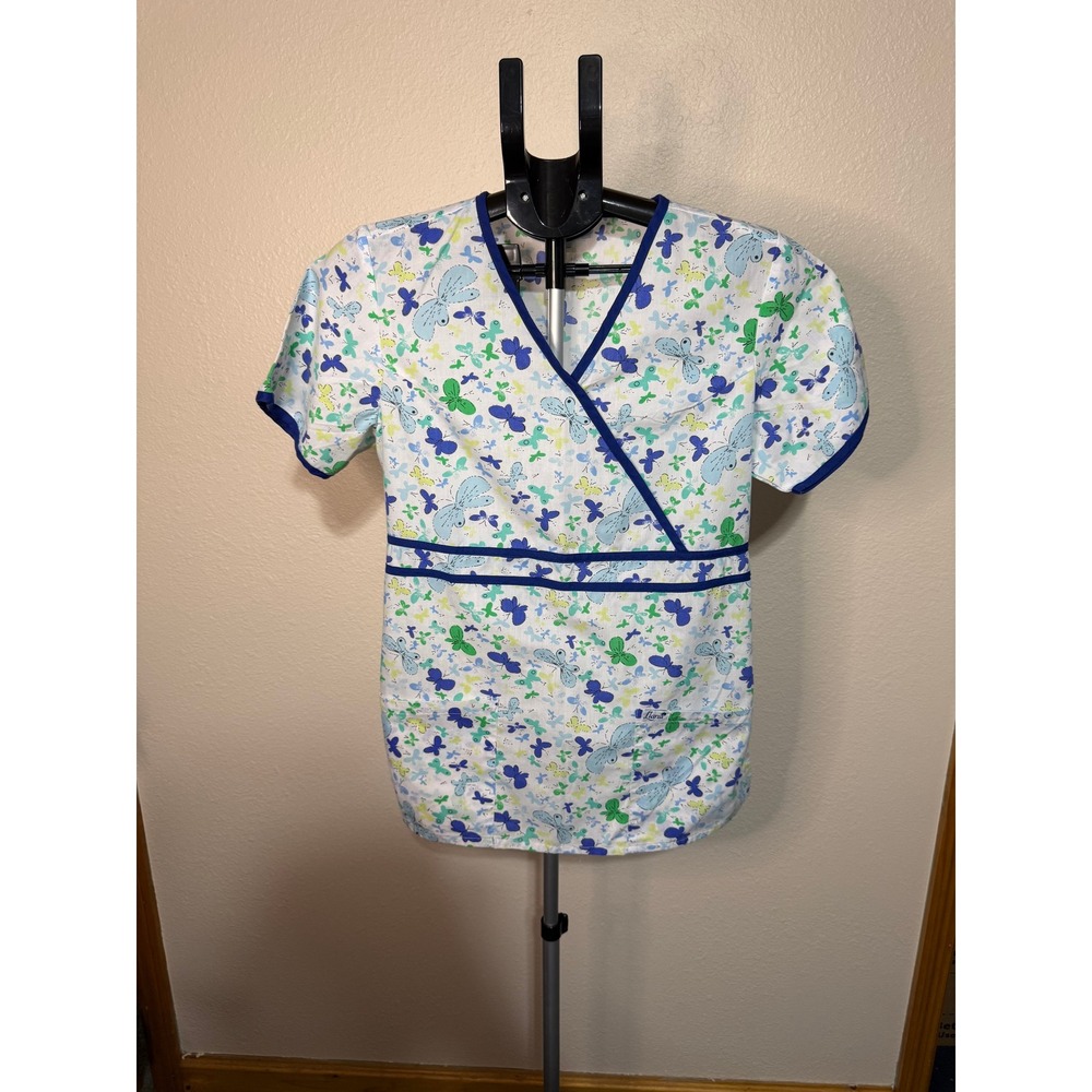 Lot of 2 Koi Liana Uniforms Scrub Tops Small Butterfly Floral Mock Wrap Blue